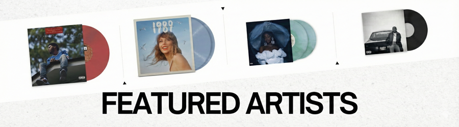 Album covers of featured artists with 'Featured Artists' text below on a white background
