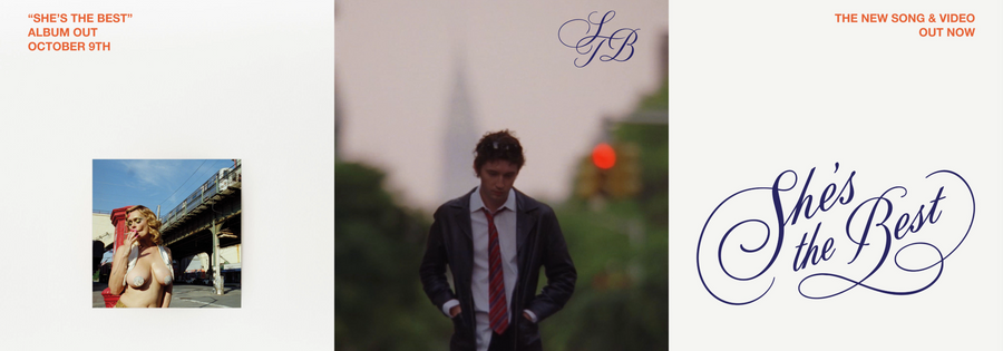 Promotional graphic for the album 'She's the Best' by GB, featuring a triptych layout. The left panel displays the album cover art with a retro-style photo of a woman and orange text reading 'SHE'S THE BEST' ALBUM OUT OCTOBER 9TH.