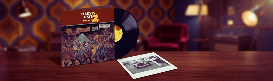 Vinyl record and cover on a table with a retro-style room background