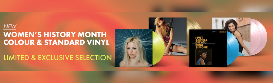 Promotional banner for Women's History Month vinyl records with album covers and text on a gradient background.